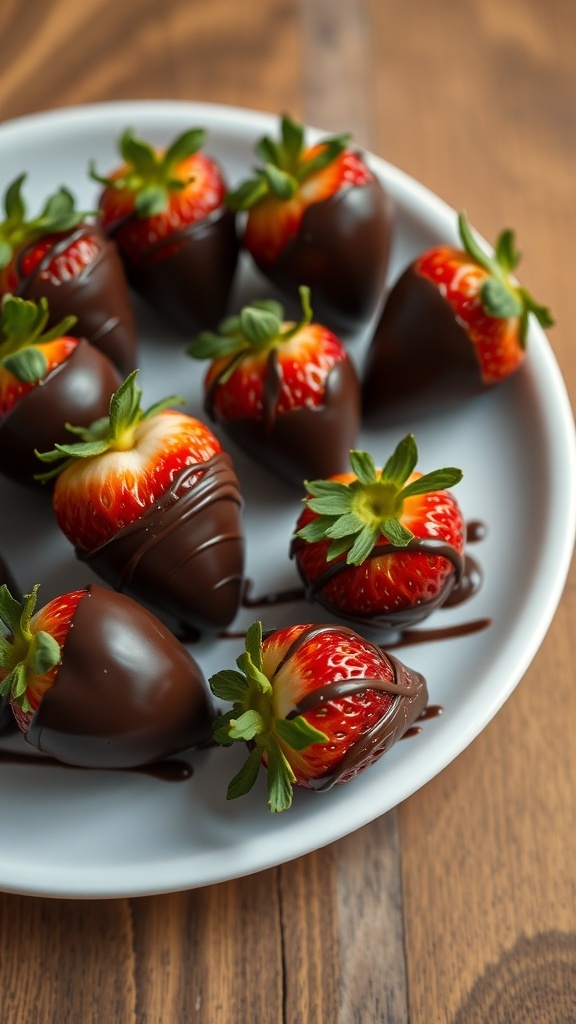 A plate of chocolate-dipped strawberries arranged beautifully.