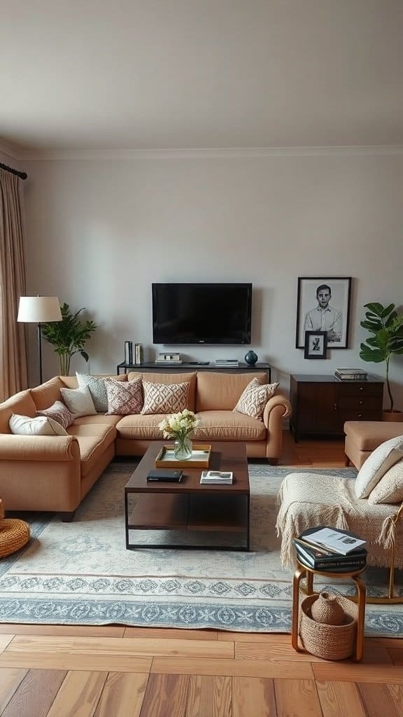 Cozy living room with a sectional sofa, coffee table, and plants.
