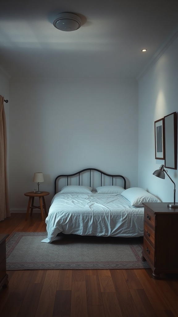 A simple bedroom with a bed, bedside lamp, and minimal decor, showcasing bright overhead lighting.