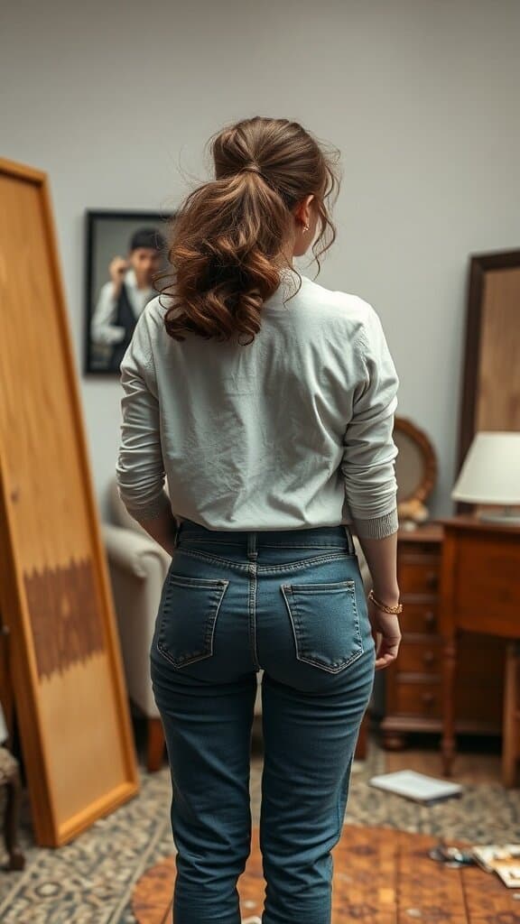 A woman measuring a wall next to a sofa with a measuring tape in a living room.