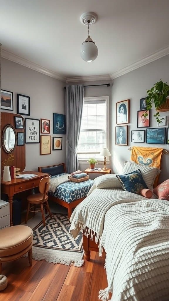 A guest bedroom with mismatched decor styles, featuring eclectic art and contrasting furniture.