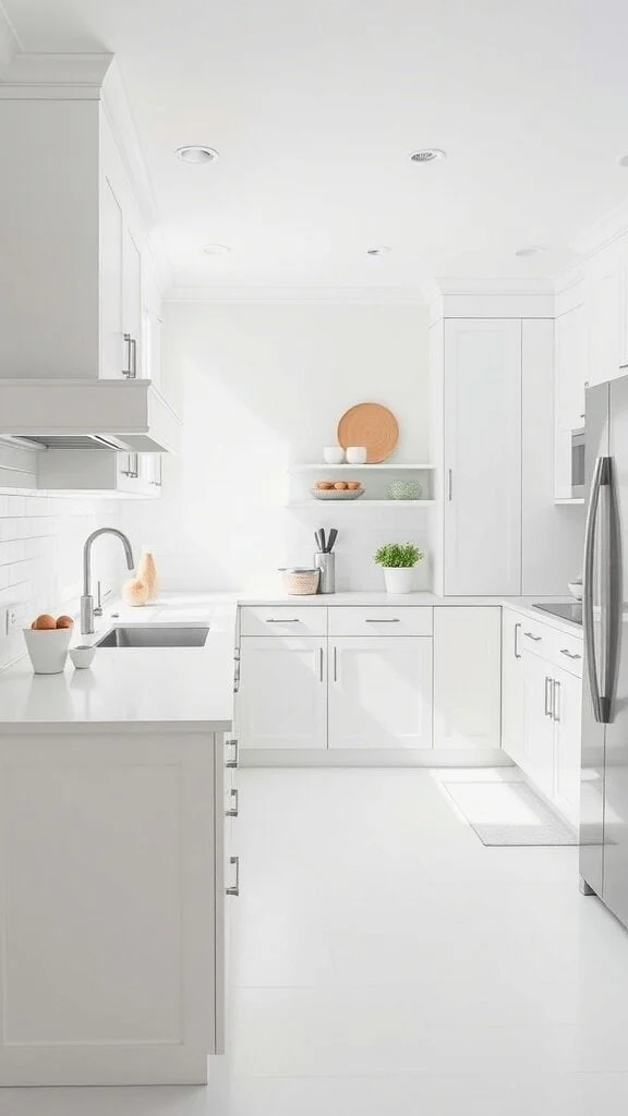 A bright, all-white kitchen with sleek cabinets and minimal decor.