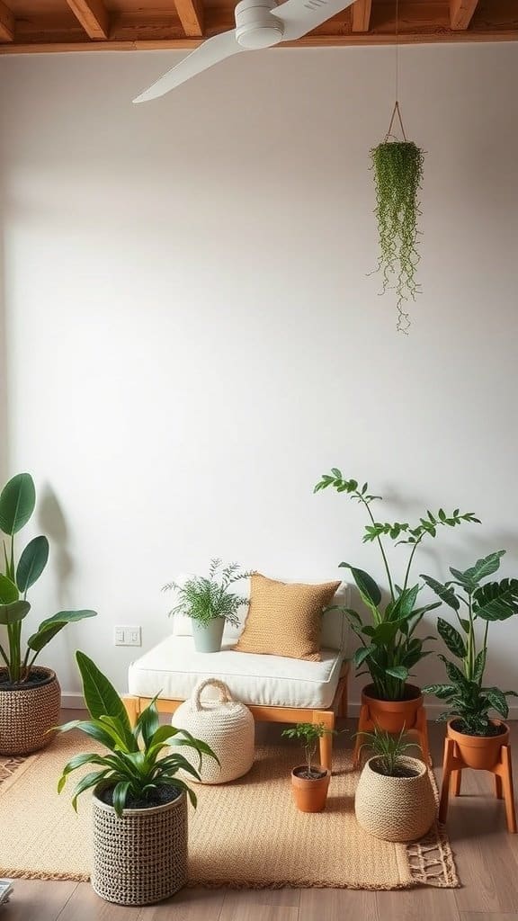 A cozy living space with a comfortable chair and various indoor plants.