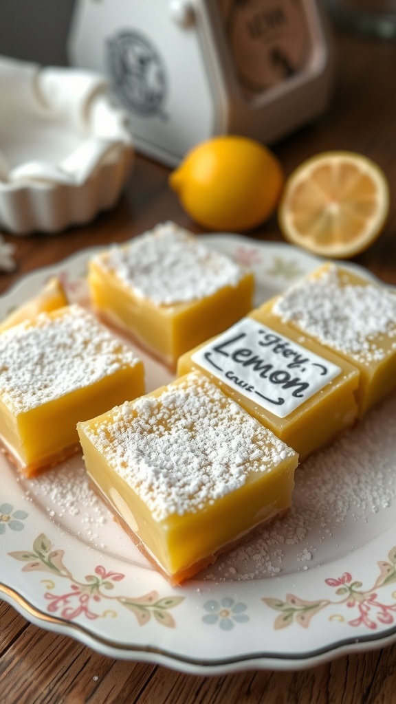 Bright lemon bars on a decorative plate with powdered sugar and fresh lemons
