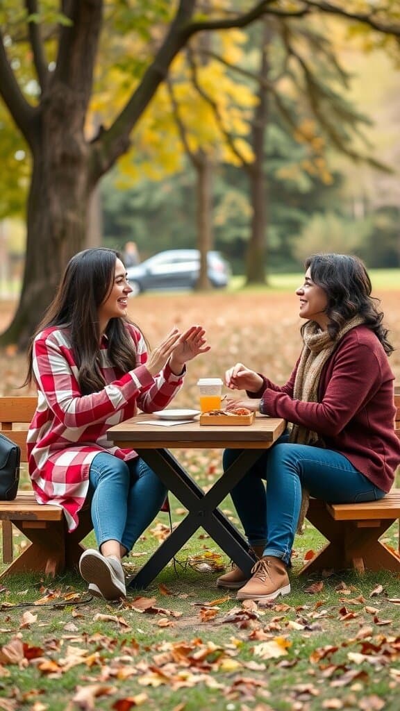 Two friends enjoying quality time together at a park table, laughing and sharing snacks.