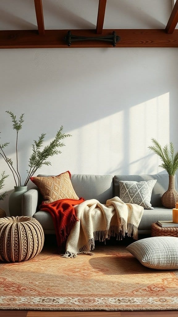 Cozy living room with layered textures including blankets, pillows, and plants.