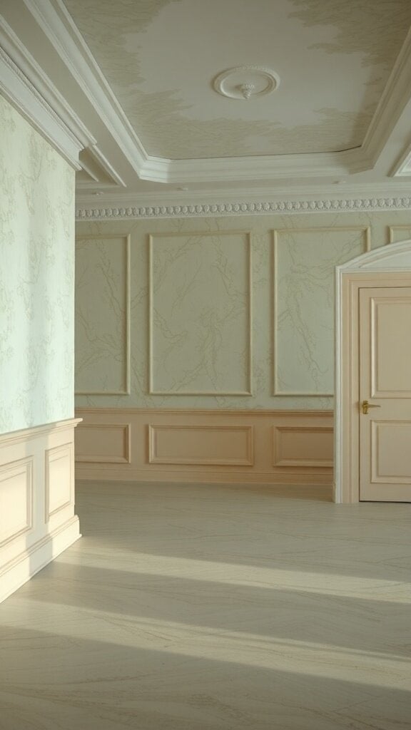 A room with light textured walls and a simple door, showcasing a faux finish that may not appeal to everyone.