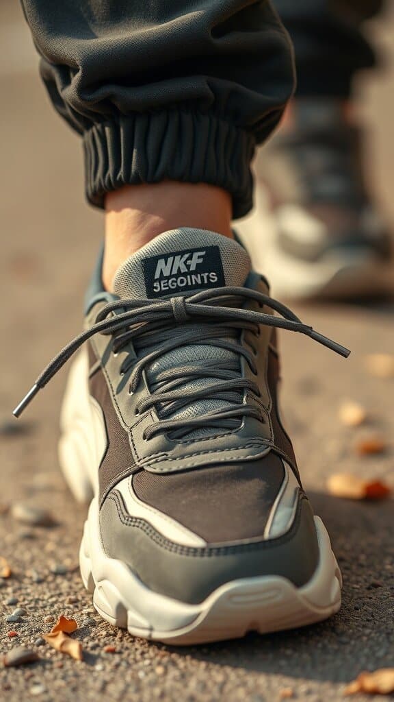 A pair of chunky sneakers next to a sleek black shoe, highlighting contrasting styles.
