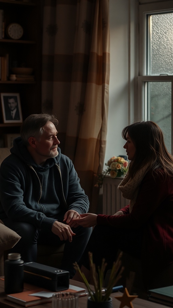 A man and a woman sitting together, holding hands and engaged in a deep conversation in a cozy setting.