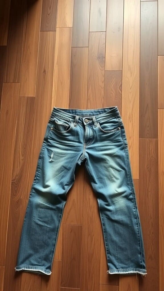 A pair of faded low-rise jeans laid out on a wooden floor.