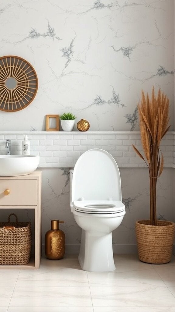 A modern bathroom featuring a comfort height toilet, stylish decor, and a clean design.