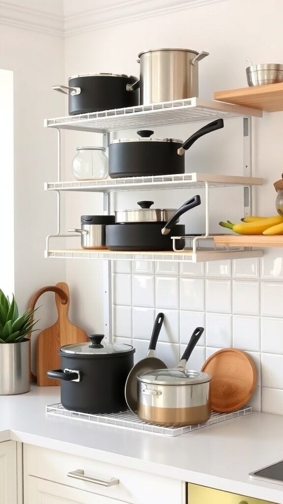 A kitchen with adjustable shelving displaying various pots and pans for easy access.