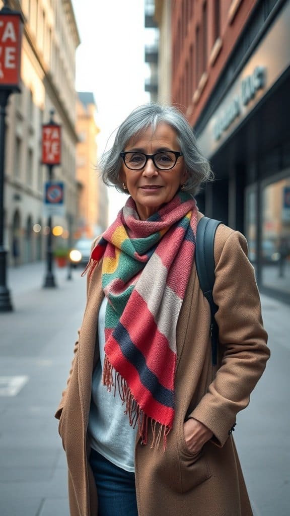 A woman with gray hair wearing glasses and a colorful scarf, standing in a city street with a beige coat.