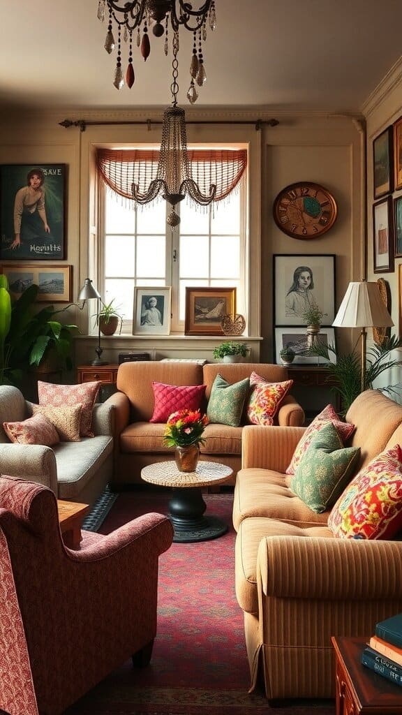 A cozy living room with overstuffed sofas, colorful throw pillows, and framed artwork on the walls.