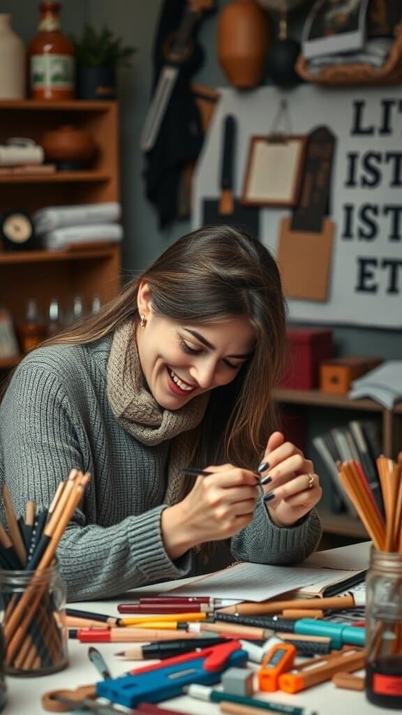 A woman smiling while working on a creative project, surrounded by art supplies.