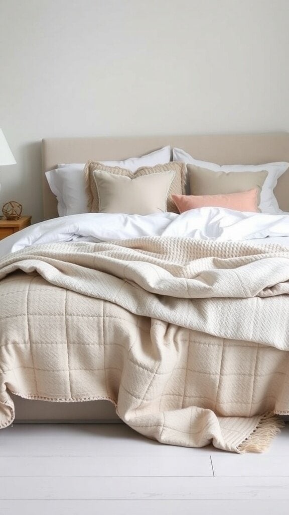 A cozy bed with textured bedding, featuring a quilted throw and various pillows.