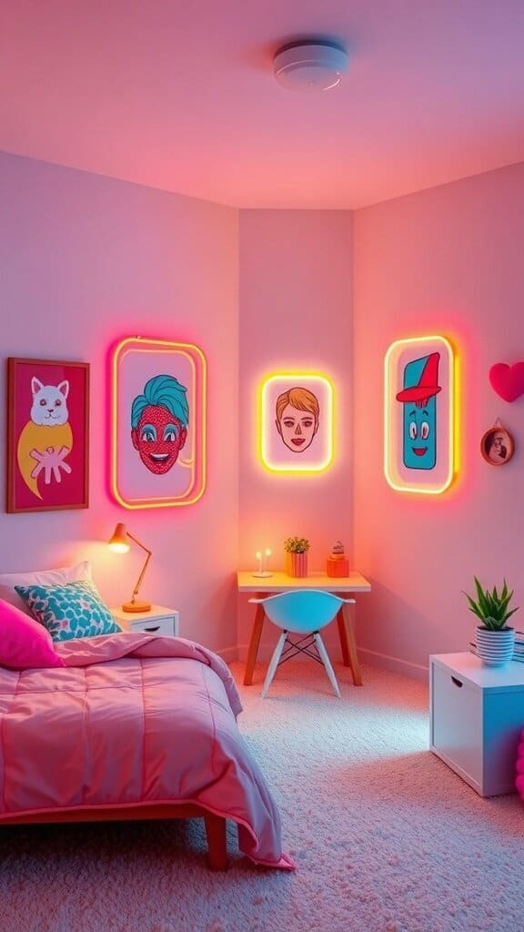 A cozy bedroom featuring bright neon accents with colorful artwork and soft furnishings.