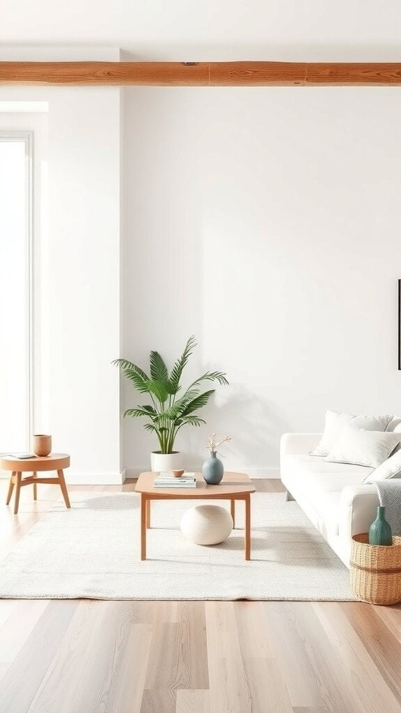 A minimalist living room with a white sofa, wooden coffee table, and a plant.