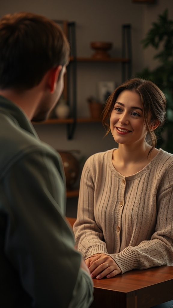 A woman smiling and engaging in conversation with a man, creating a warm and inviting atmosphere.