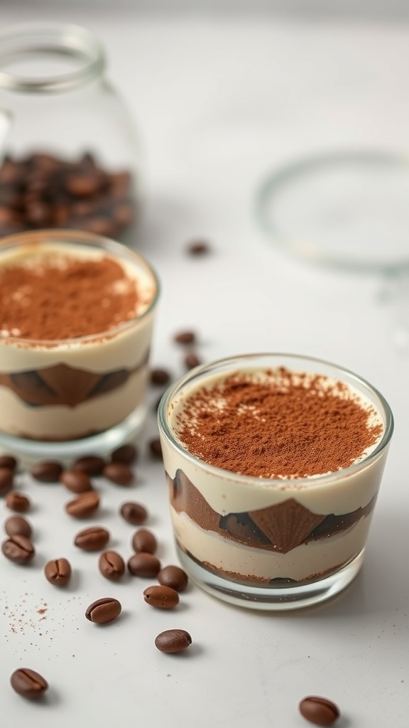 Two cups of no bake tiramisu with coffee beans scattered around