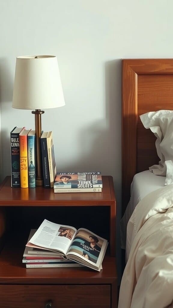 A bedside table with a lamp, books, and an open magazine