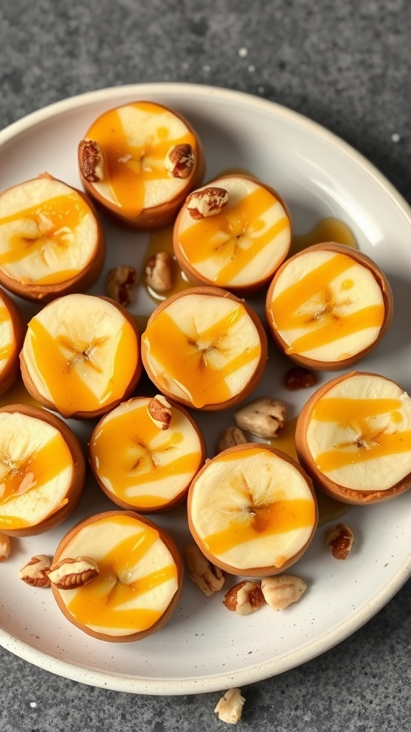A plate of peanut butter banana bites topped with honey and nuts