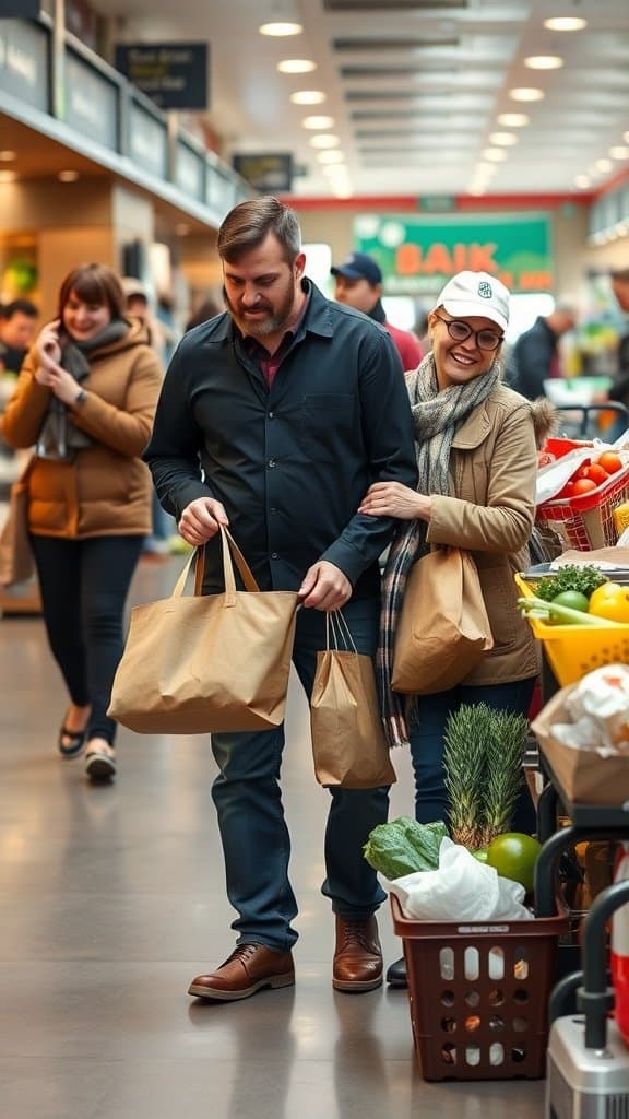 A couple shopping together in a market, with the man carrying bags and the woman smiling and leaning on him.