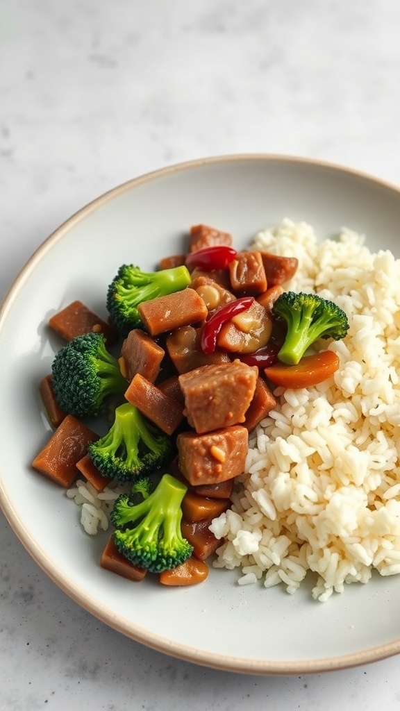 A plate of quick beef and broccoli served with rice, featuring tender beef, vibrant broccoli, and a savory sauce.