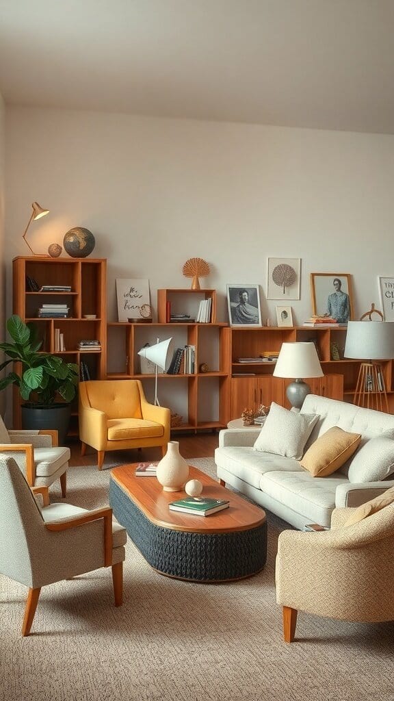 A stylish living room with a neutral sofa, yellow chairs, and wooden shelves displaying books and art.