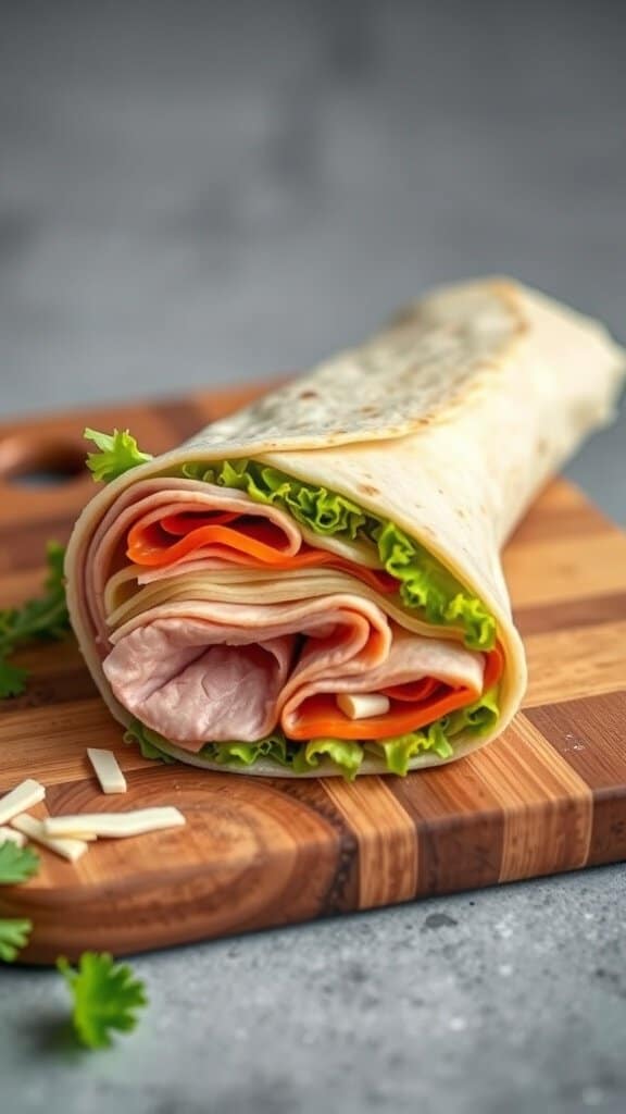 A tortilla wrap filled with deli meats, lettuce, and vegetables on a wooden cutting board.