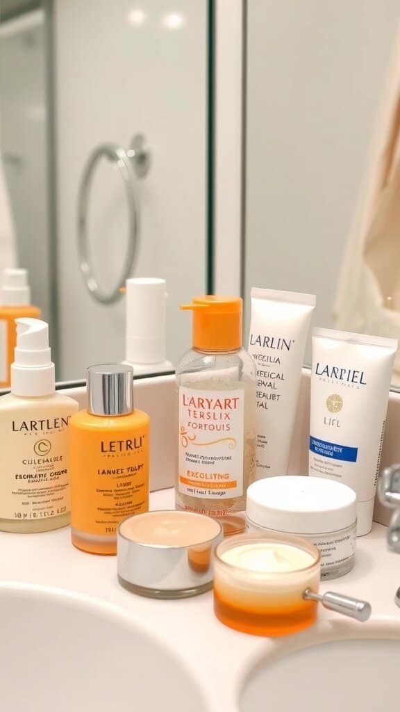 A variety of skincare products, including exfoliants, displayed on a bathroom counter.