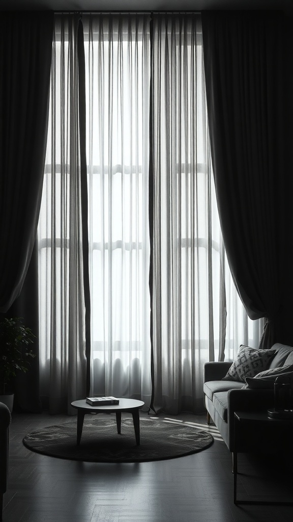A living room with heavy dark drapes, framing large windows, creating a dim atmosphere.