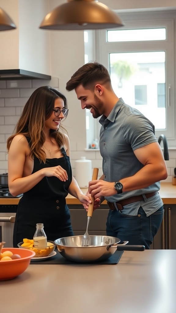 A couple smiling and cooking together in a kitchen