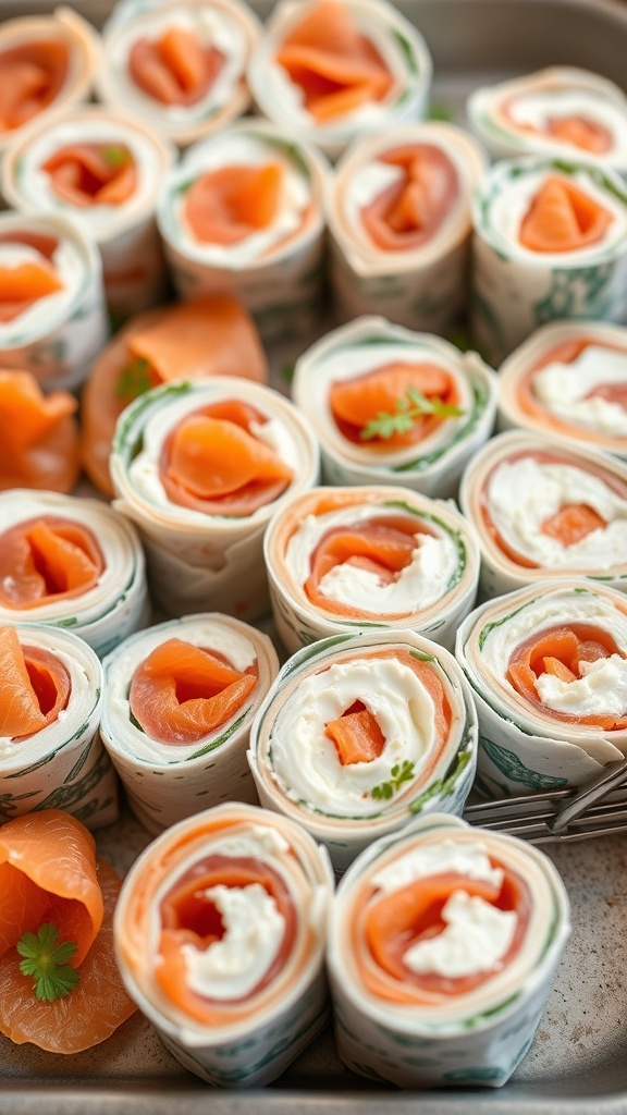 A close-up of smoked salmon and cream cheese wraps, neatly arranged in a tray.