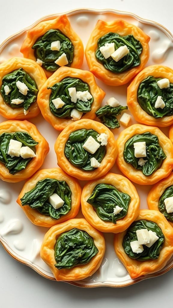 Savory spinach and feta puff pastry bites arranged on a plate.