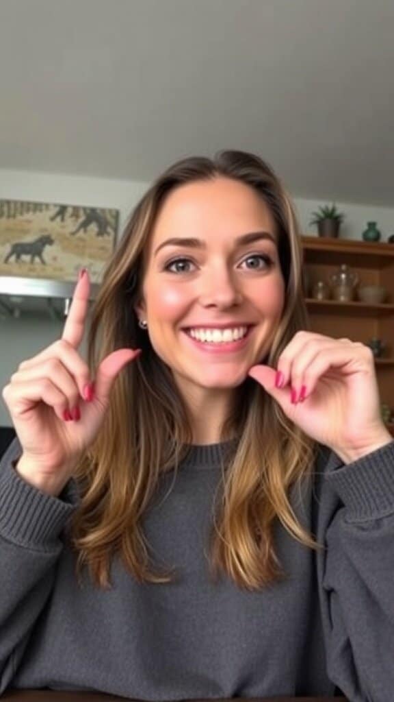 A smiling woman with long hair, wearing a gray sweater, gesturing with her hands.