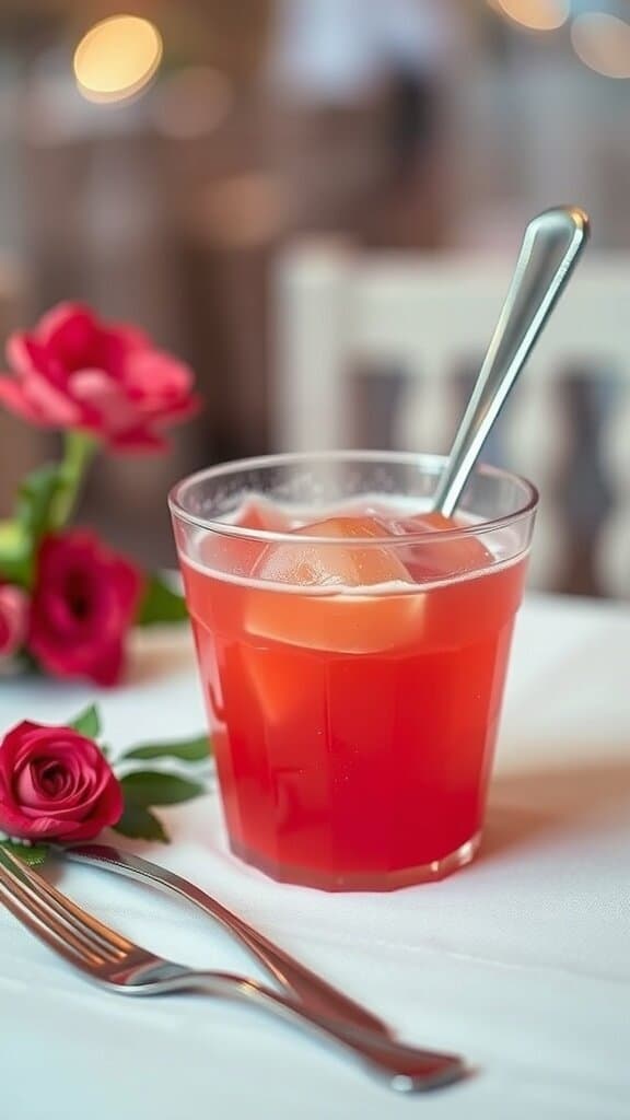 A glass of bright red Jell-O with ice cubes, surrounded by pink roses on a wedding table.