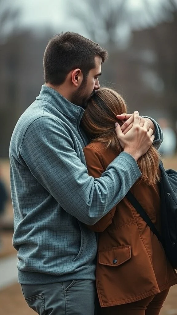 A man hugging a woman, providing emotional support.