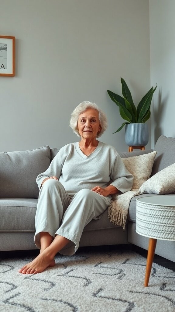 An older woman sitting on a couch in casual loungewear, looking relaxed.
