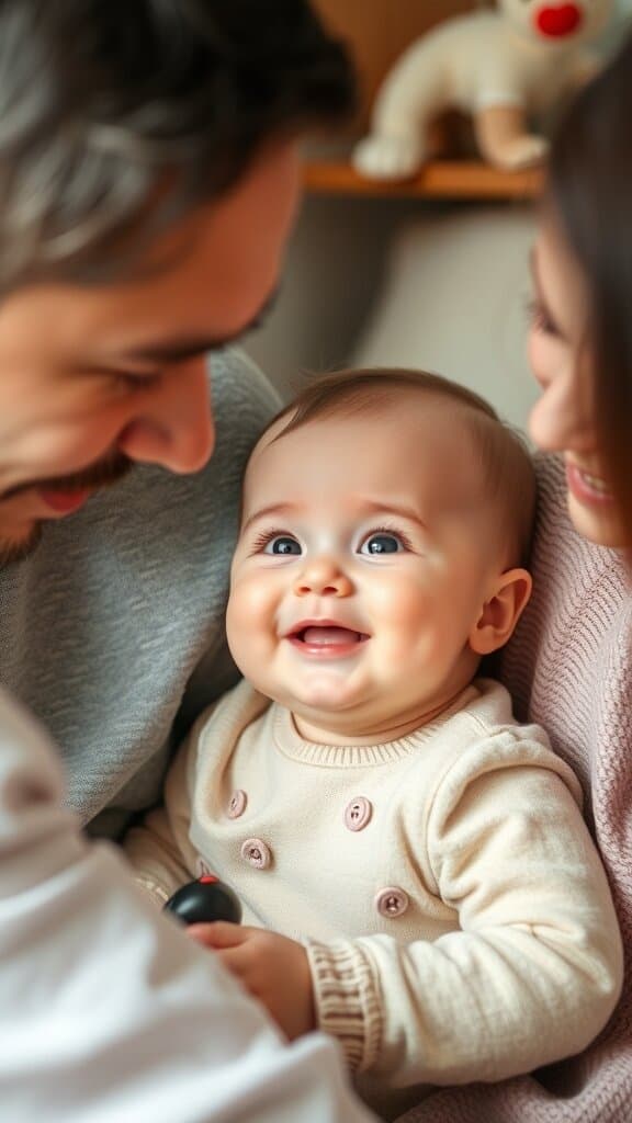 A joyful baby smiling while being held by two adults, showcasing social interaction.