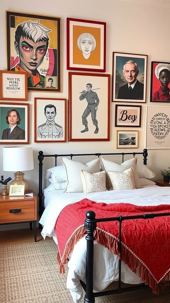 A bedroom with a wall decorated with various pieces of personal artwork, including portraits and prints.