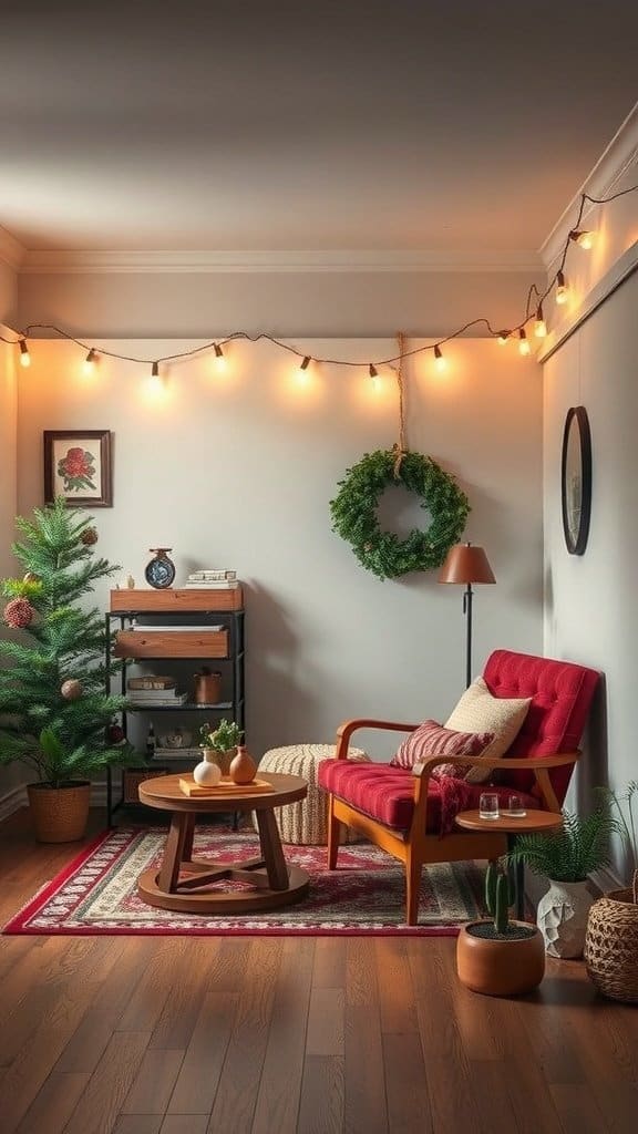 Cozy living room with warm lights, a festive wreath, and seasonal decor