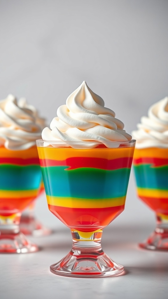 Colorful neon jello cups with whipped cream on top