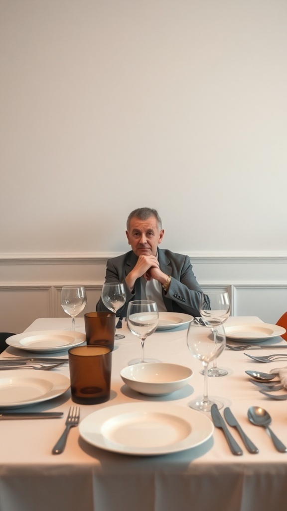 A man sitting at a table with mixed tableware, including wine glasses and plates.