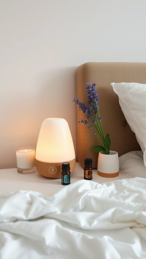 A cozy bedroom setup with an essential oil diffuser, candles, and flowers on the bedside table.