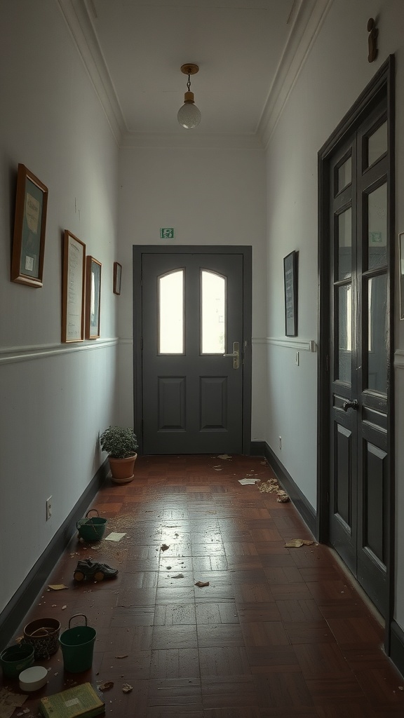 A messy hallway with debris on the floor and neglected plants.
