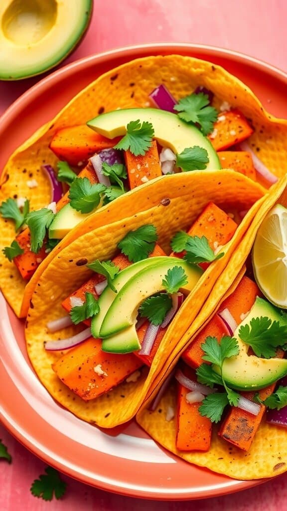 Sweet potato tacos with avocado, red onion, and cilantro on a colorful plate.