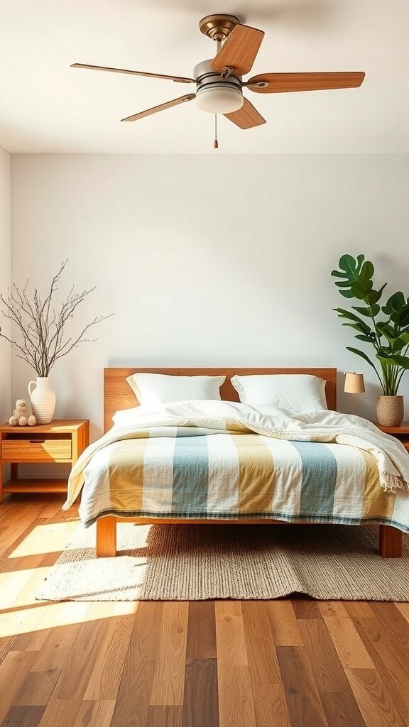 A cozy bedroom featuring a wooden bed frame, striped blanket, and natural decor elements.