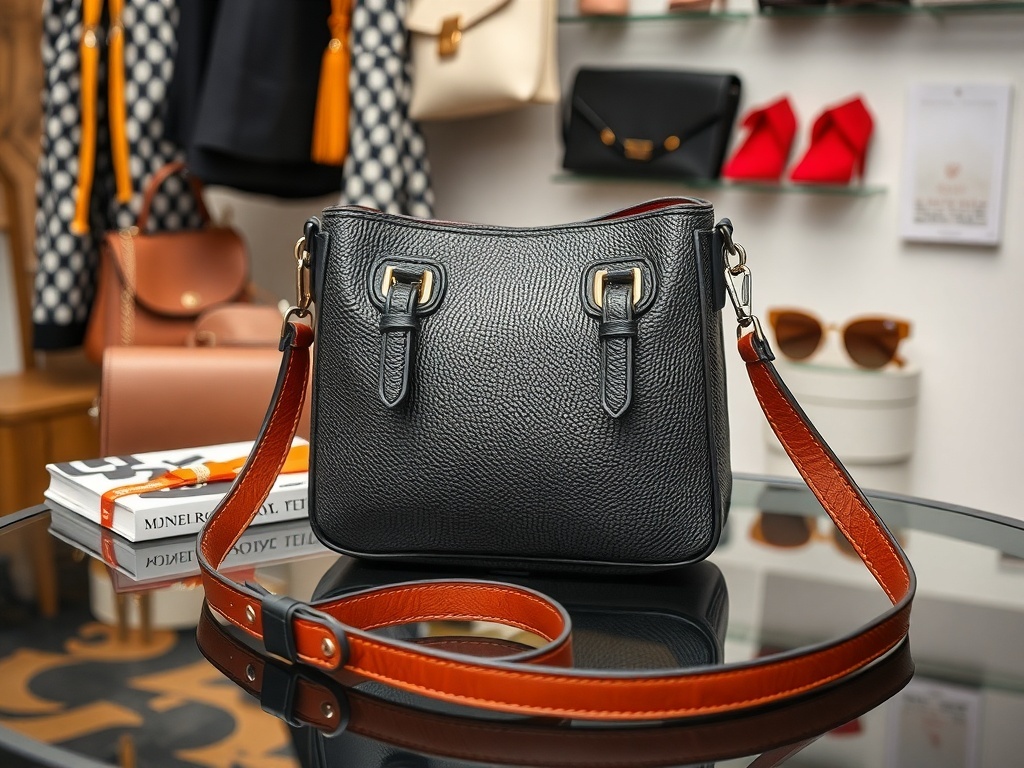 A stylish black crossbody bag with a textured finish and a brown strap, displayed on a glass table.