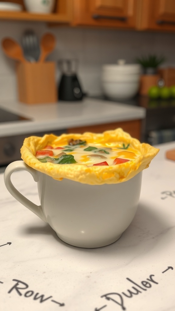 A microwave mug omelette filled with colorful vegetables and cheese, ready to eat.